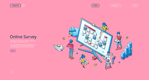 Online survey isometric landing page, tiny people fill online form on huge pc desktop with task, quiz or exam checklist on screen, questionnaire results or internet test 3d vector line art web banner