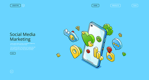 Social media marketing banner. Concept of network advertising, internet marketing. Vector landing page of SMM with isometric mobile phone with icons for social media app