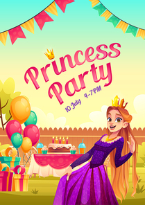 Princess party cartoon poster with girl in crown and dress at house yard, cake with candles on served table, balloons, gifts and garlands. Kids birthday celebration event, vector invitation flyer