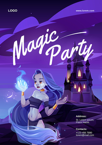 Cartoon magic party poster with woman, nymph looking on wizard fire on hand. Beautiful witch wear loincloth and top, wrapped into long hair admire of sparkling blaze at night, vector illustration
