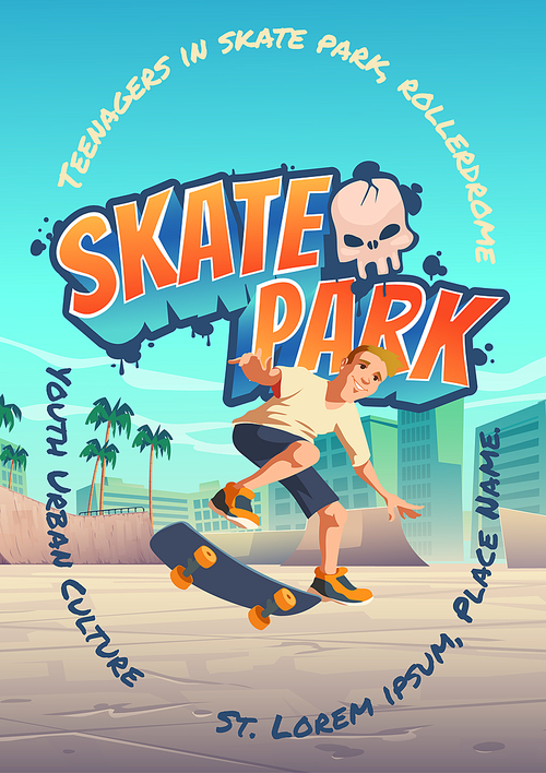 Skate park poster with boy riding on skateboard on rollerdrome. Vector flyer with cartoon cityscape with ramps and teenager jump on track. Playground for extreme sport activity