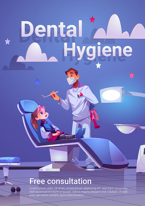 Dental hygiene cartoon ad poster with child at dentist office. Little patient and doctor at stomatological clinic for kids, teeth and oral cavity medical checkup, free consultation vector promo banner