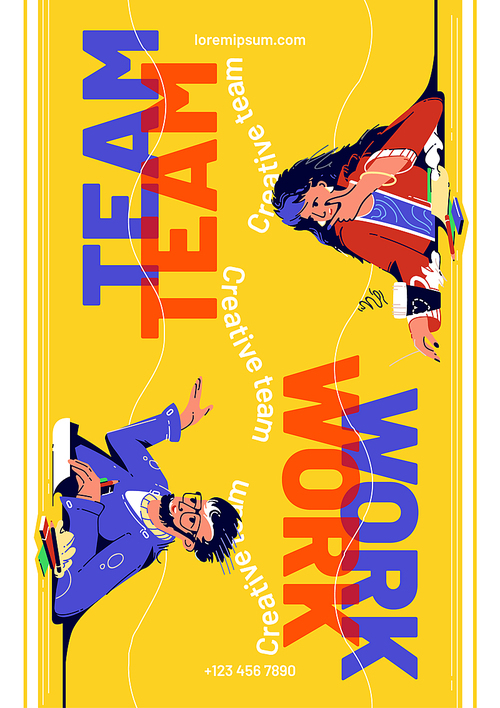 Team work cartoon poster with business people think idea, creative teamwork. Man and woman sitting at desk with crumpled papers and coffee discuss new project, vector line art illustration, banner