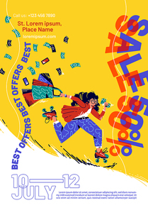 Sale flyer with hurry woman on roller skates with shopping bags and money. Vector poster of special offer with flat illustration of girl run on rollerblade to shop, store or supermarket with money