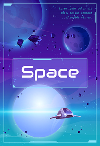Space poster with spaceship in cosmos with alien planets, asteroids and stars. Design template of explore galaxy, cosmos discovery. Vector game flyer with cartoon illustration of flying shuttle