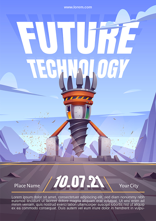 Future technology poster with drilling rig, drill ship for exploration and mining. Vector cartoon landscape with platform and derrick with auger for bore and mining ground