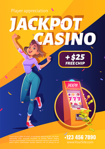 Slot machine jackpot casino win ad poster. Lucky woman celebrate winning prize jumping at money falling with all sevens spin combination on one-armed bandit, happy winner. Cartoon vector illustration