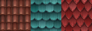 Roof game texture wooden or terracotta tiles cartoon 3d seamless pattern. House roofing materials, textured overlap of blue, red and brown colors. Dwelling exterior design elements Vector illustration