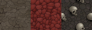 Game textures cracked soil, deserted red martian land, dead earth with human skulls seamless patterns top view. Cartoon textured abandoned dirt surface 3d backgrounds, graphic ui or gui vector layers