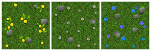 Textures of green grass with flowers and stones for game background. Vector cartoon seamless patterns of top view of lawn with blossoms in park or garden, summer meadow