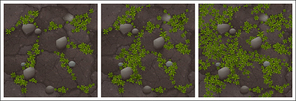 Barren land texture with green plants grow on cracked dry soil with stones top view. Texture for game, abstract background, environment ground tile with gray boulders, Realistic 3d vector illustration