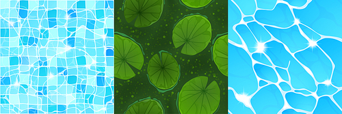 textures of water in swimming pool, sea and pond with lily leaves. vector cartoon seamless s of top view of ocean, lake and swamp surface for game background