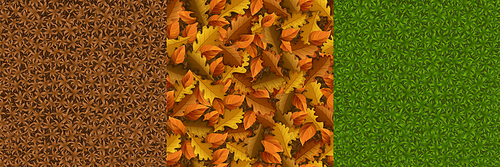 Game textures of green or dead brown grass and fallen autumn leaves seamless patterns. Lush lawn, meadow, fall foliage top view. 3d textured backgrounds, nature surface, graphic ui, gui vector layers