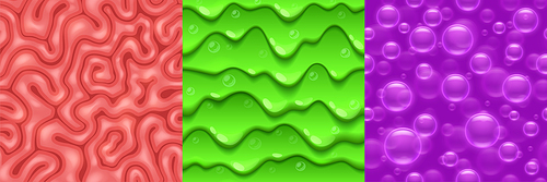 Seamless textures for game brain convolution, dripping green slime and purple soap bubbles. Repeated patterns, 3d backgrounds, graphic ui or gui layers design, closeup view, Vector illustration, set