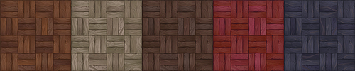 Textures of color wood parquet for game background. Vector cartoon seamless patterns of top view of wooden floor surface, old vintage laminate from timber boards