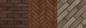 Textures of wood parquet, herringbone and rectangle flooring for game background. Vector cartoon seamless patterns of top view of wooden laminate, old vintage floor surface from timber boards
