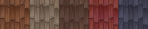 wooden roof texture for game, cartoon wood tiles seamless pattern. house roofing materials, textured overlap of red, brown, beige and  colors. dwelling exterior design elements vector set