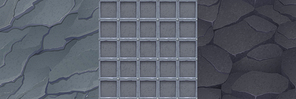 Asphalt and stone textures for game, seamless backgrounds. Rocks tiles and rebar grate, cobblestone grey and black ground surface textured effect layers, paving ui design elements Cartoon vector set