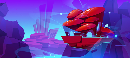 Fantasy flying island above alien planet surface with mountains and futuristic buildings. Vector cartoon illustration for gui game design with space landscape and floating platform