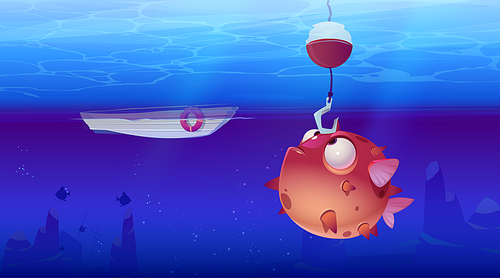 Cute puffer fish looking on fishing hook underwater view with boat float at blue ocean water surface. Marine game scene, fisherman club sport competition, activity or hobby Cartoon vector illustration