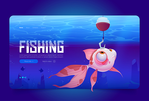 Fishing cartoon landing page, cute fish looking on hook underwater sea view, funny character catch bait at blue ocean water surface. Game scene, fisherman club sport competition, Vector web banner