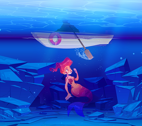 Cute mermaid underwater sea view with boat and human figure above. Cartoon character beautiful girl with red hair and fish tail swim at ocean bottom. Fairy tale mythology personage Vector illustration