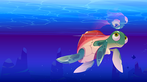 Cartoon turtle sea animal, cute marine tortoise character at ocean underwater background swimming close to water surface. Funny reptile, wild creature, personage for game or book, Vector illustration