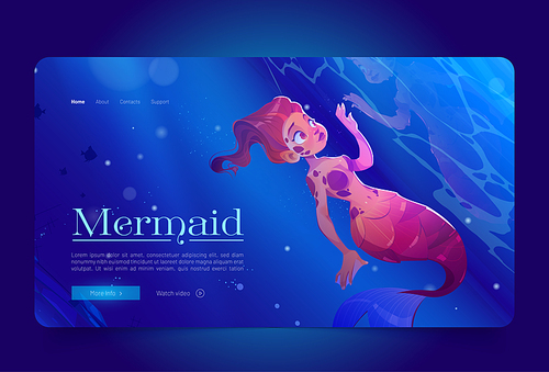 Cute mermaid at sea underwater cartoon landing page. Fairy tale character look and touch her reflection in water surface. Beautiful girl with red hair and fish tail swim in ocean, Vector web banner