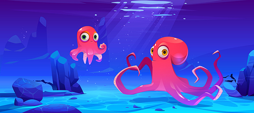 Cute octopuses swim under water in sea. Vector cartoon illustration of underwater ocean landscape with marine animals, seaweed and stones. Happy mother and baby cephalopods on sea bottom