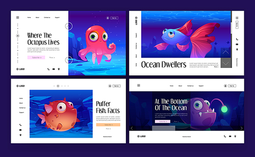 Underwater sea wildlife banners with octopus, puffer fish, angler and betta fish. Vector landing pages of ocean dwellers with cartoon illustration of cute marine animals