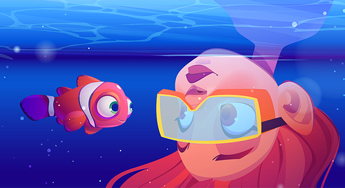 Girl scuba diver watch at clown fish underwater in sea. Vector cartoon illustration of tropical ocean with funny clownfish and young woman in mask dives head down in water