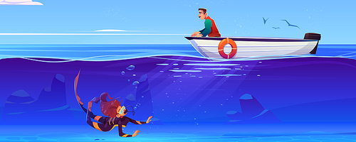 Sea landscape with woman scuba diver under water and man waiting in boat. Vector cartoon illustration of girl in diving suit with mask and aqualung underwater in lake, river or ocean