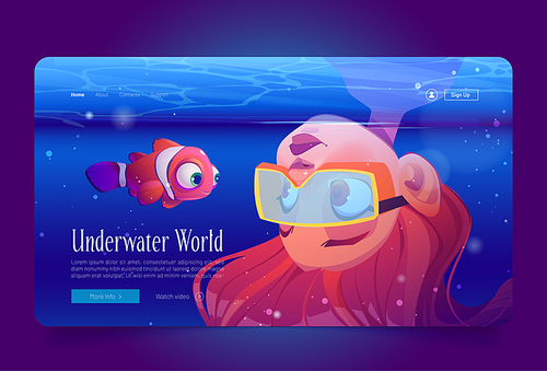 Underwater world cartoon landing page, scuba diver girl wear glasses look on clown fish in sea. Young woman explore ocean fauna, snorkeling recreation, diving, learning undersea life Vector web banner