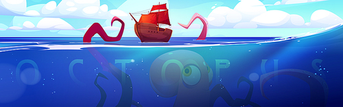 Giant octopus, kraken legendary scandinavian folklore monster trying to bring down wooden ship stretching tentacles over the ocean water surface, fantasy creepy character, Cartoon vector illustration