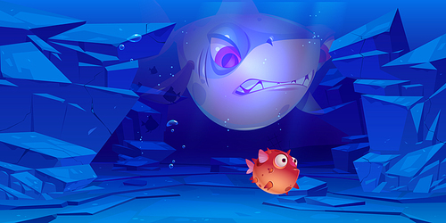 Shark and puffer fish in sea or ocean bottom with rocks around. Underwater characters with cute and angry faces and big eyes, creatures for computer game, marine animals, Cartoon vector illustration