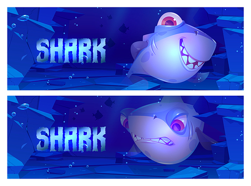 Cartoon banners with shark on sea or ocean bottom with rocks around. Underwater creature with smiling and angry face and red eyes, game character, marine predator toothy animal, vector illustration