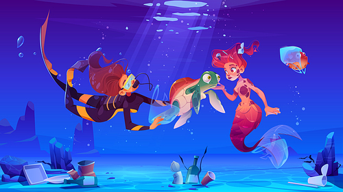 Diver girl and mermaid help underwater animals living in polluted water with plastic garbage. Wastes floating in sea. Save our ocean, ecology protection, pollution concept, Cartoon vector illustration