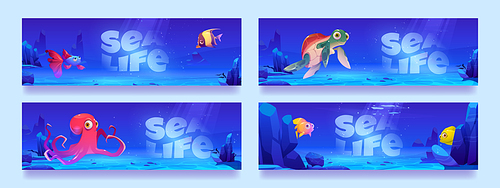 Sea life posters with funny fish, octopus and turtle characters under water in ocean. Vector banners with cartoon illustration of undersea landscape with cute wild marine animals