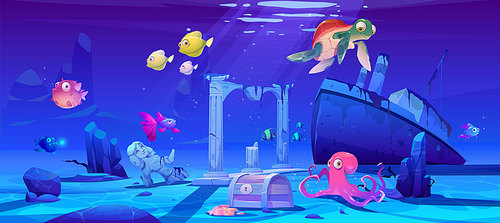 Underwater background with ocean fish, sunken ship and ruins. Vector cartoon of deep seafloor with marine wildlife, treasure chest and shipwrecked steamboat