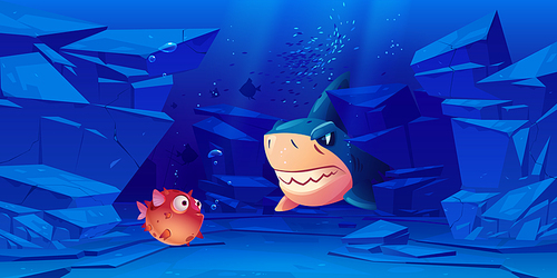 Shark and puffer fish in sea or ocean bottom with rocks around. Underwater creatures with cute and angry faces and big eyes, characters for computer game, marine animals, Cartoon vector illustration