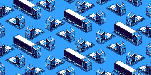 Seamless pattern with isometric trucks on blue background. Delivery trailers, cargo transportation vehicles with containers for freight logistics and shipment, Vector illustration in line art style