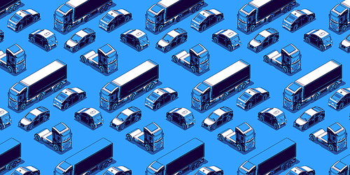 Isometric vehicles, trucks and cars isolated on blue . Vector flat illustration with automobile traffic. Wallpaper with different transport, lorry, sedan and trailer