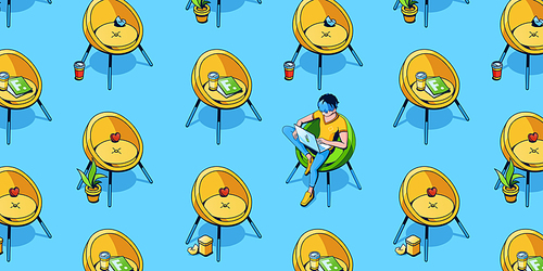 Seamless isometric pattern with man sitting on armchair work on laptop and vacant chairs around on blue background. Freelancer, programmer, coder or analyst working, 3d Vector lina art Illustration