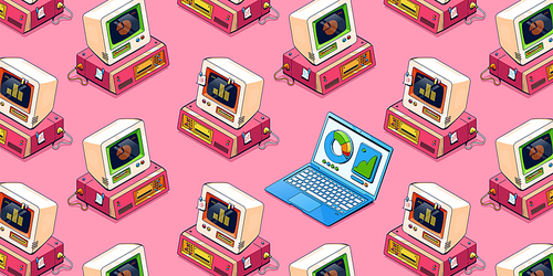 Seamless pattern with isometric modern laptop and vintage computers on pink background. Technology wallpaper with repeating pc elements, layout for website design, 3d Vector line art illustration