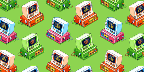 Vintage computers, old desktop pc with monitor and floppy disk drive. Vector illustration with isometric colored retro personal computers for home and office on green background
