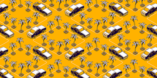 Vintage cars on street with palm trees. Concept of summer vacation, travel, road trip. Vector background with isometric vehicles drive on highway on tropical island or sea beach