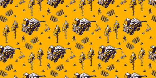 Coffee farming and harvesting isometric seamless pattern. Farmers working on field care of plants and collecting crop with harvester machine, combine machinery field works, 3d vector line art ornament
