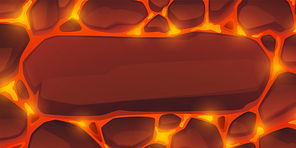 background of lava with stones. banner with volcano eruption abstract  with hot molten magma. vector cartoon illustration of flowing liquid lava in rocks