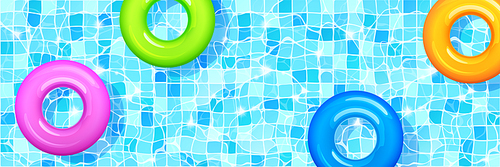 Swimming pool with colorful inflatable rings floating on clean water surface over tiled floor, hotel, summer vacation background design, horizontal template for banner Realistic 3d vector illustration
