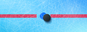 Hockey puck on blue ice rink with red stripe and skate traces top view background. Mockup for advertising or banner, template for sport event, competition, tournament, Realistic 3d vector illustration